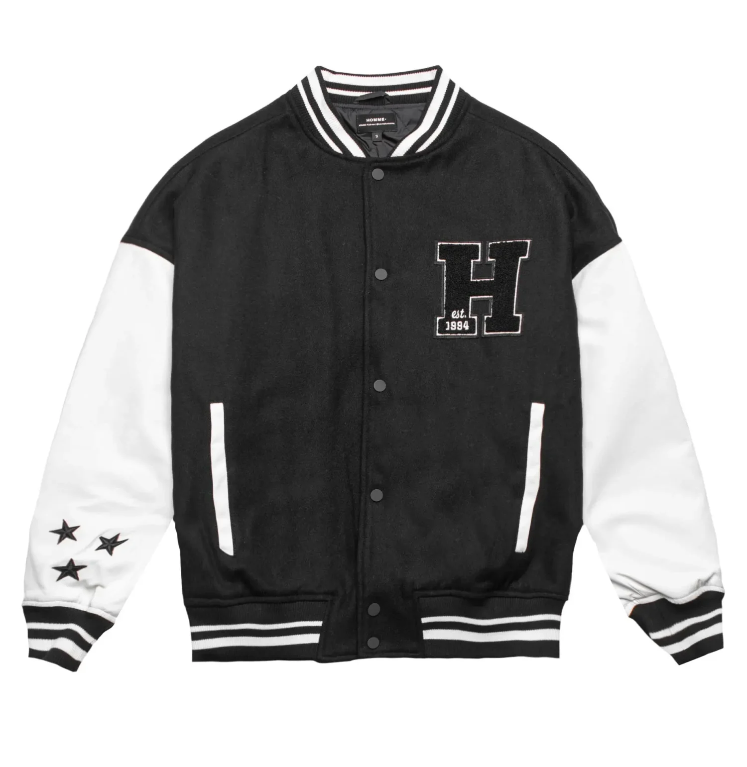 Homme Vancouver Logo BlackWhite Wool Leather Varsity Team Jacket