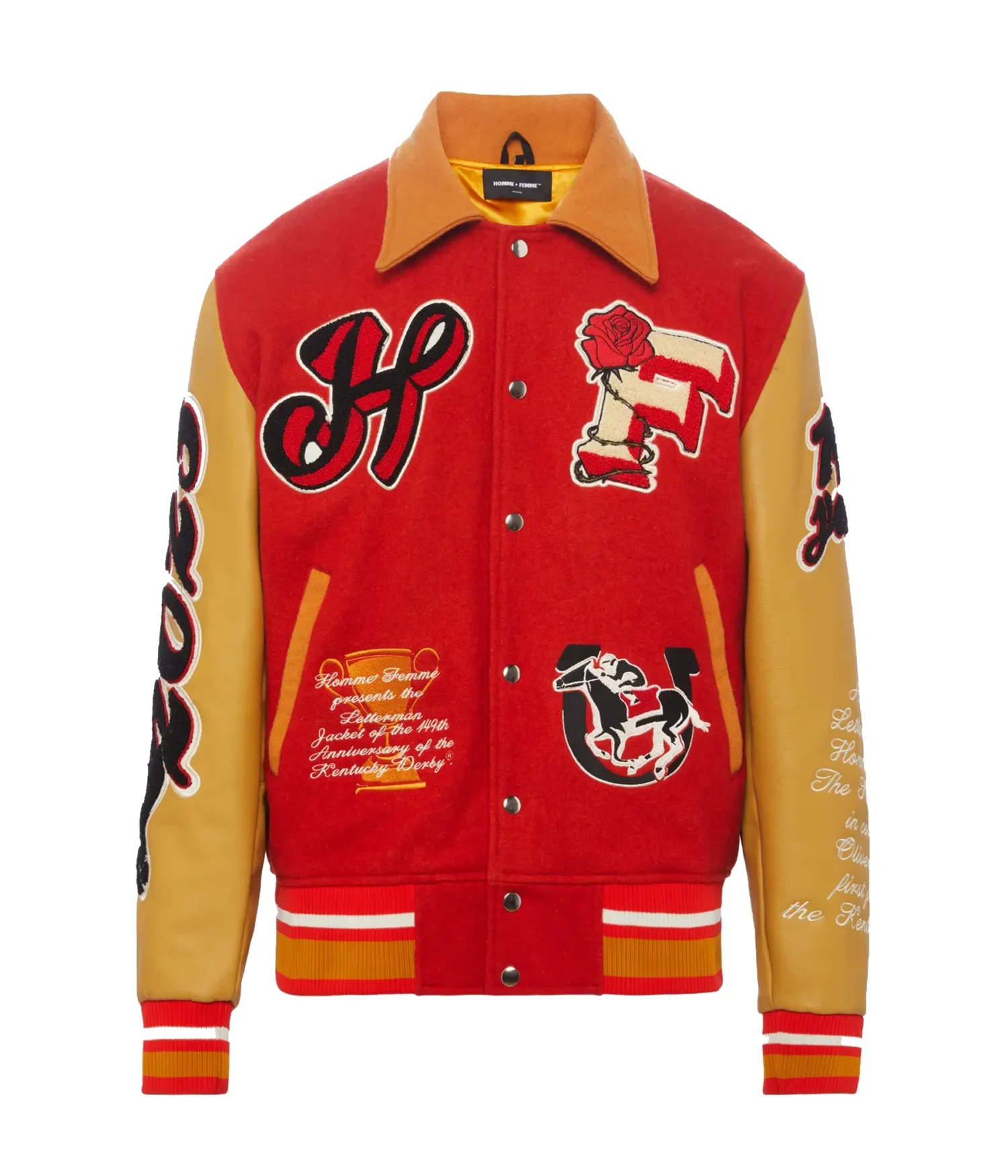 HommeFemme Red yellow Letterman Wool Leather Varsity Team jacket 1