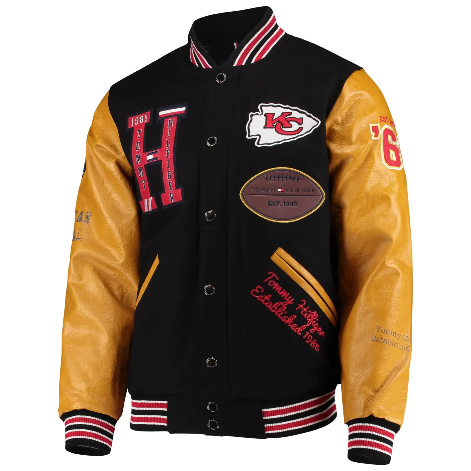 Kansas City Chiefs Tommy Hilfiger Heritage Full Snap Black Tan Varsity Jacket team jacket 1