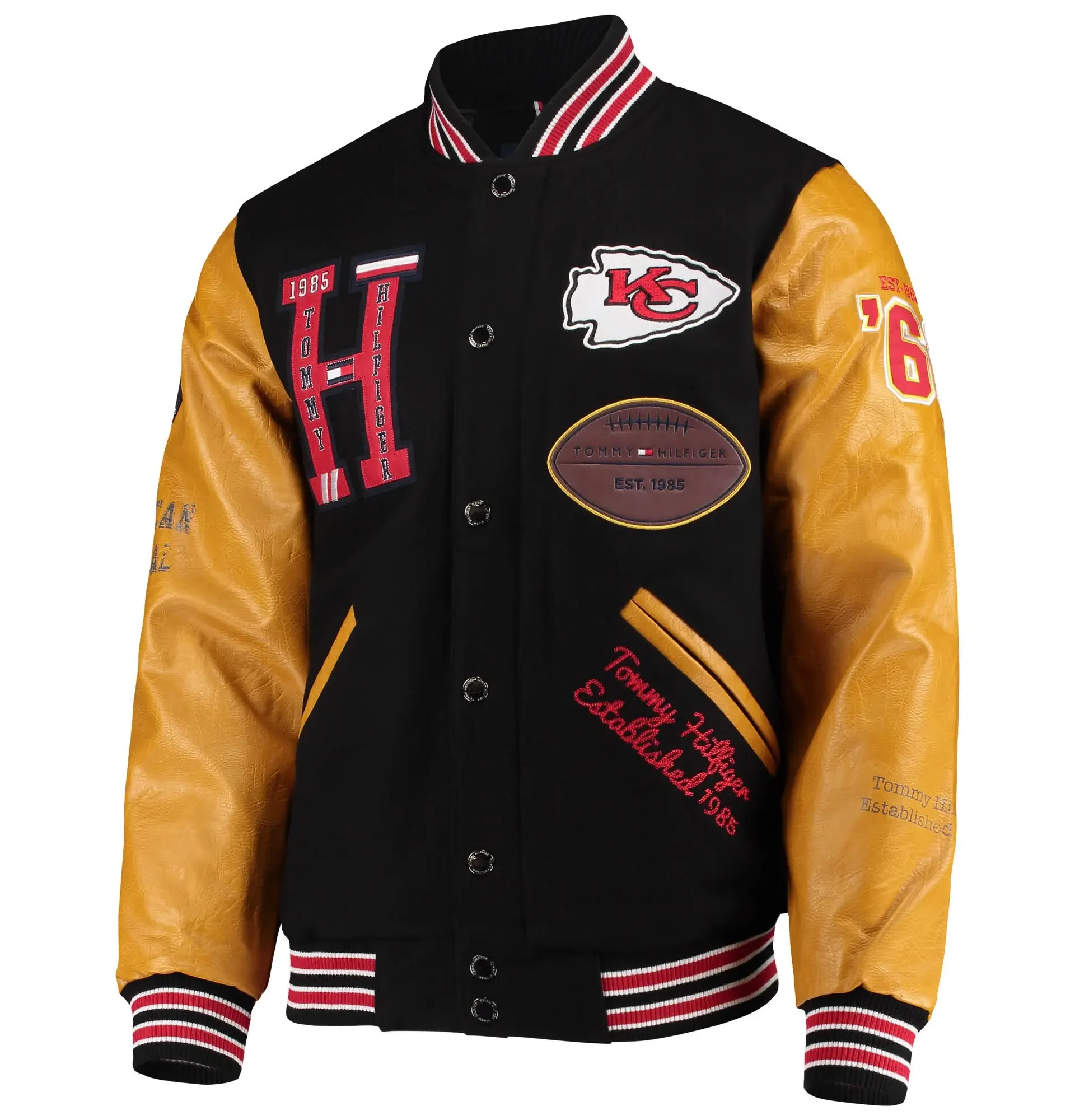 Kansas City Chiefs Tommy Hilfiger Heritage Full Snap Black Tan Varsity Jacket team jacket 1