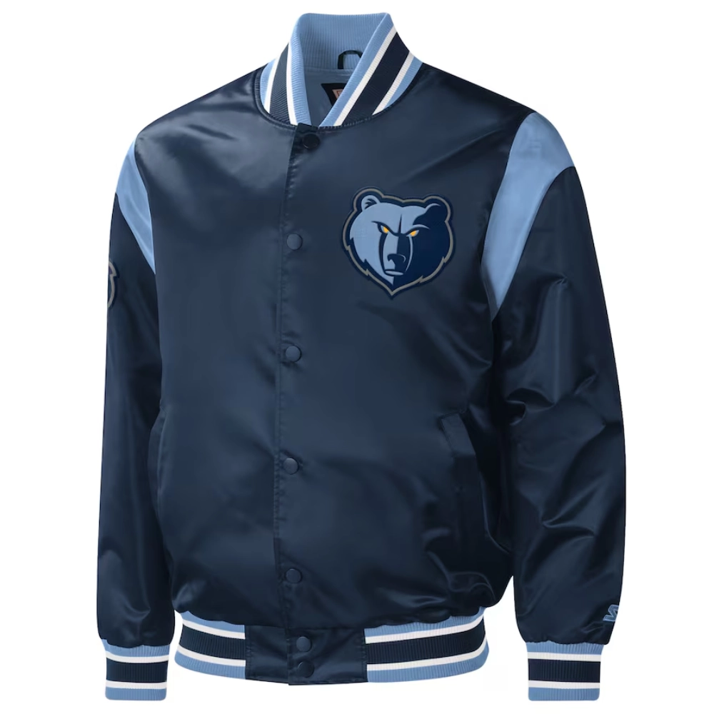 Memphis Grizzlies Force Play Navy Satin Varsity Jacket 1