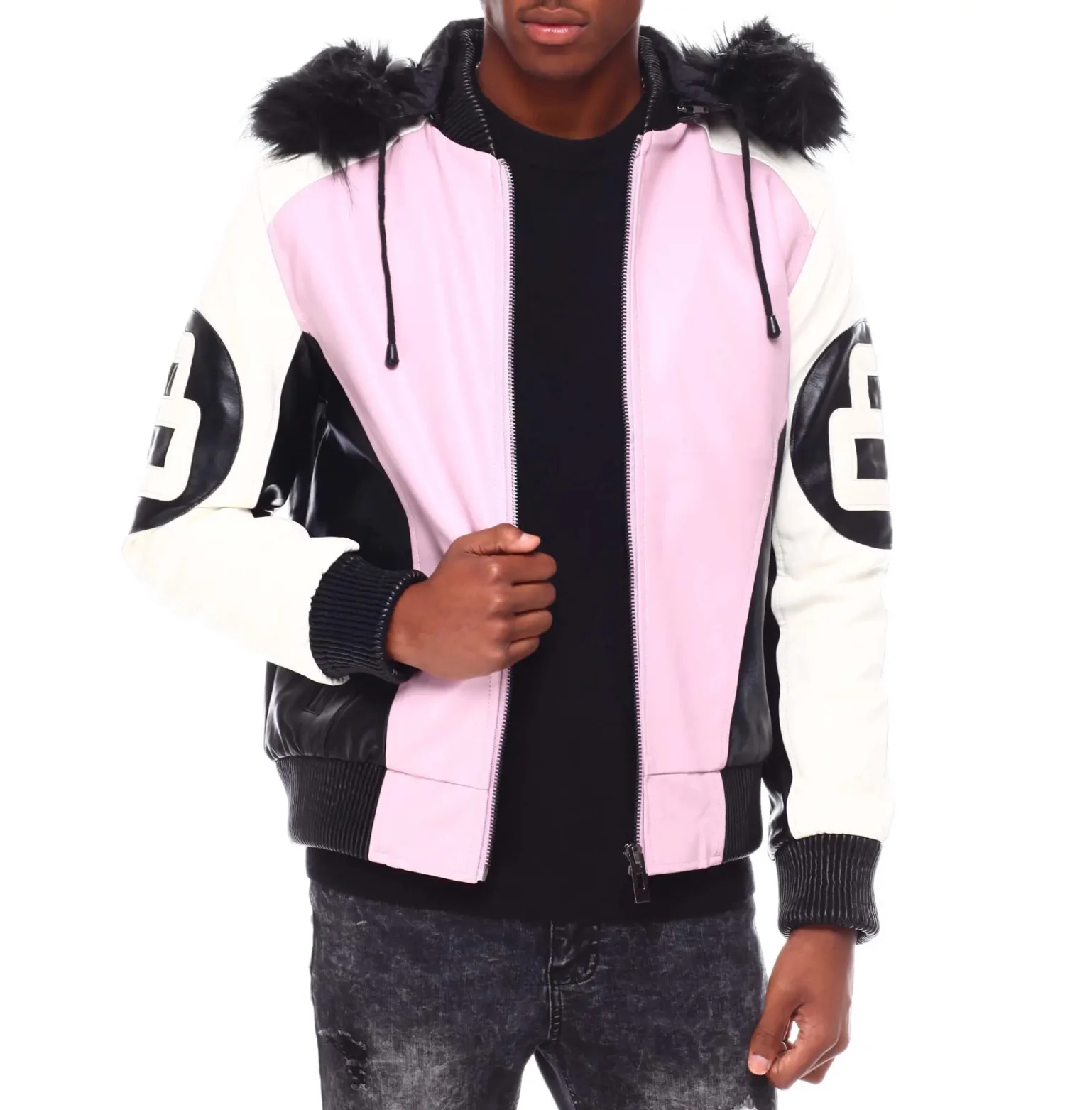 Mens-8-Ball-Pink-Hooded-Leather-Bomber-Team Jacket