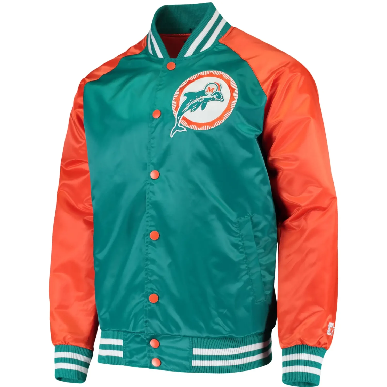 Miami Dolphins Classic Rib Satin Varsity Jacket Aqua Orange TeamJacketShop