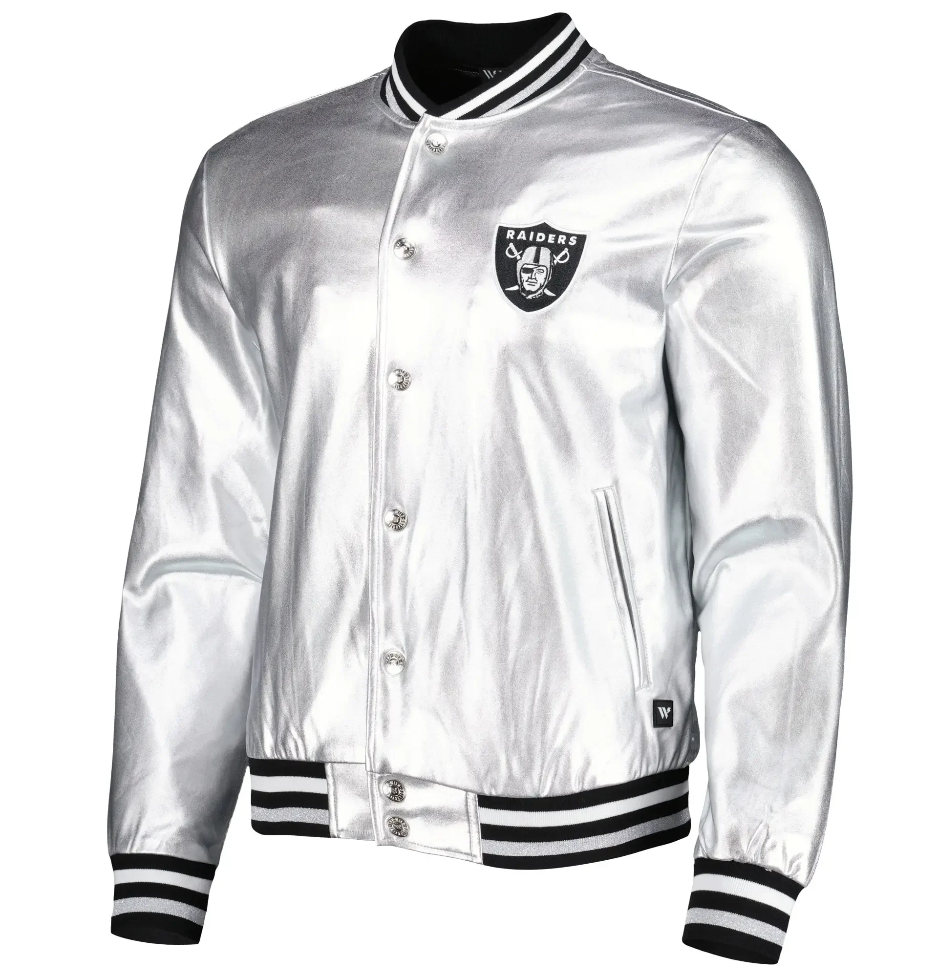 NFL Las Vegas Raiders The Wild Collective Metallic Silver Bomber Jacket team ajcket 1