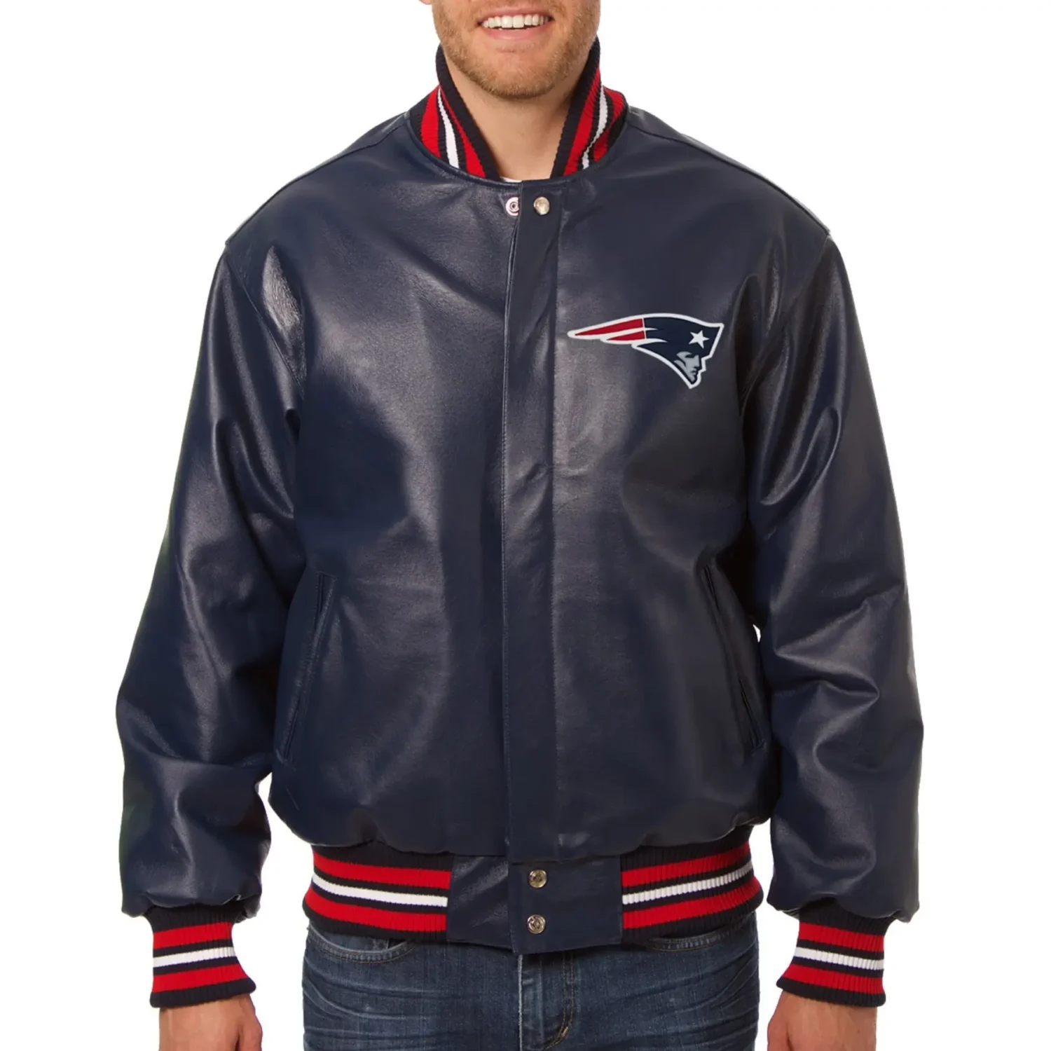 New England Patriots Leather Varsity Navy Jacket TeamJacketShop