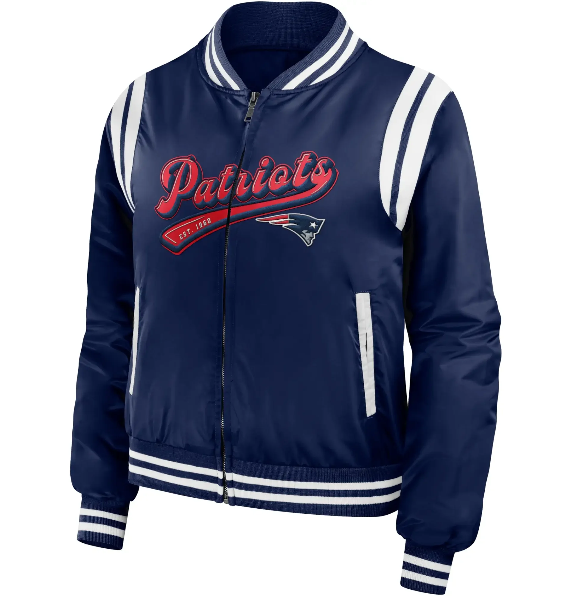 New England Patriots Satin Varsity Zipper Navy Jacket TeamJacketShop