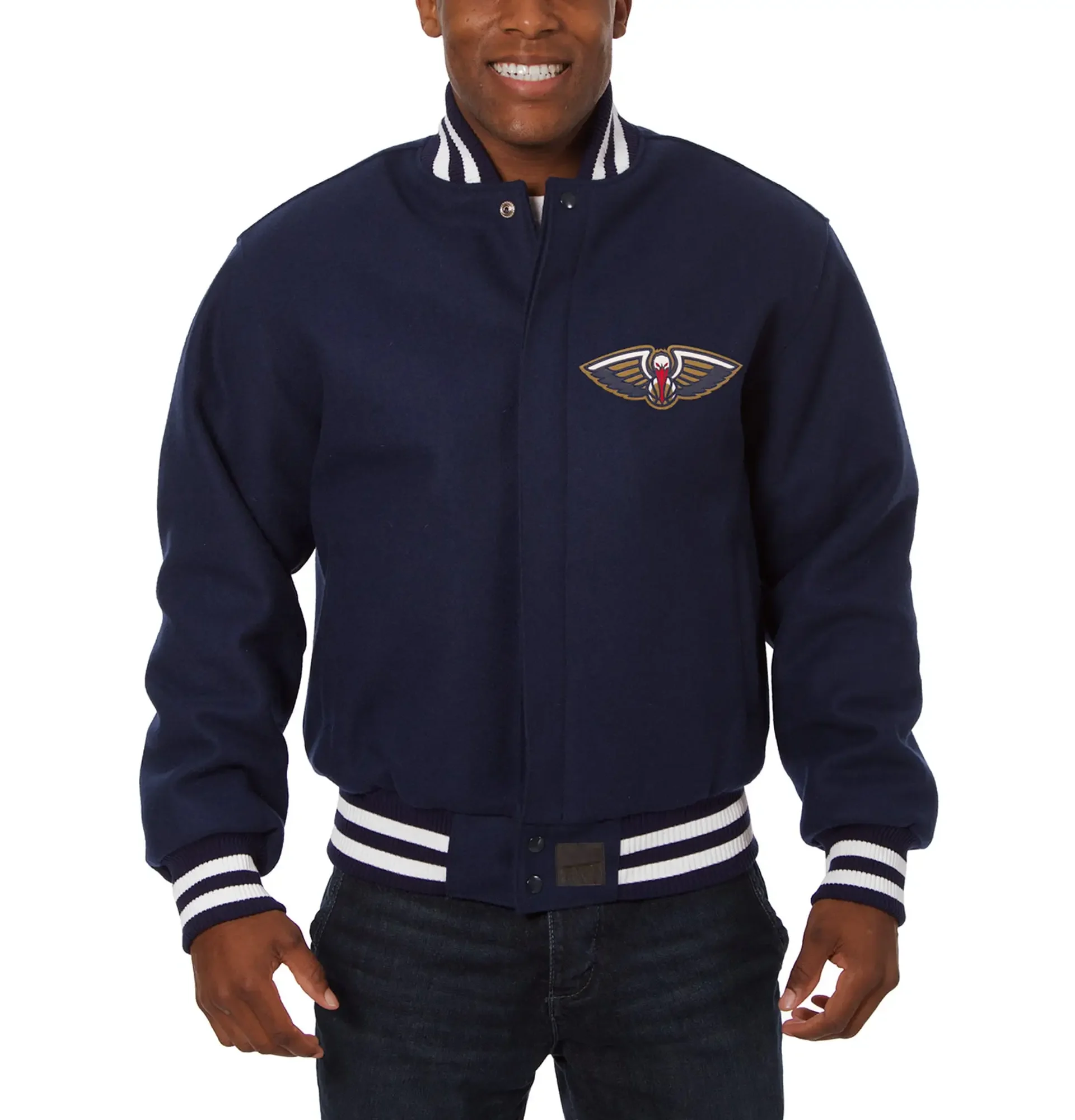 New Orleans Pelicans Front Logo Navy Wool Varsity Jacket 1