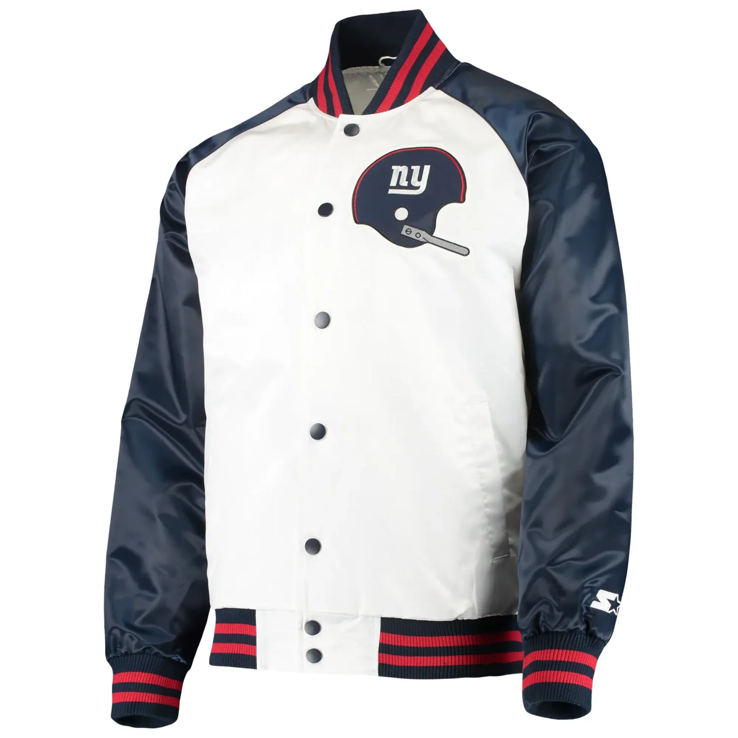 New York Giants Starter Clean Up Throwback Full Snap White Navy Varsity Jacket team jacket 1