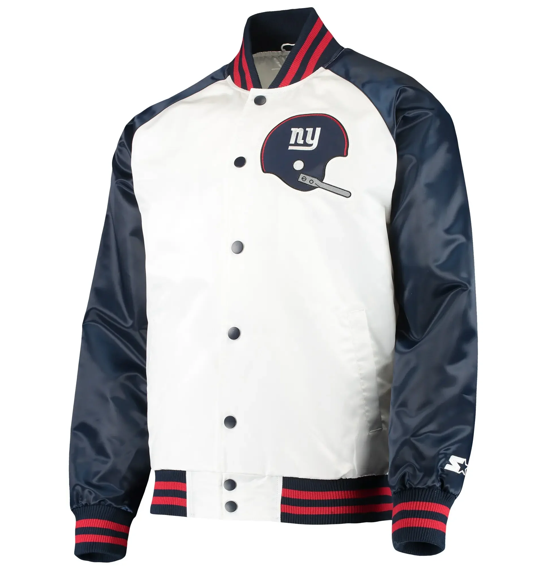 New York Giants Starter Clean Up Throwback Full Snap White Navy Varsity Jacket team jacket 1