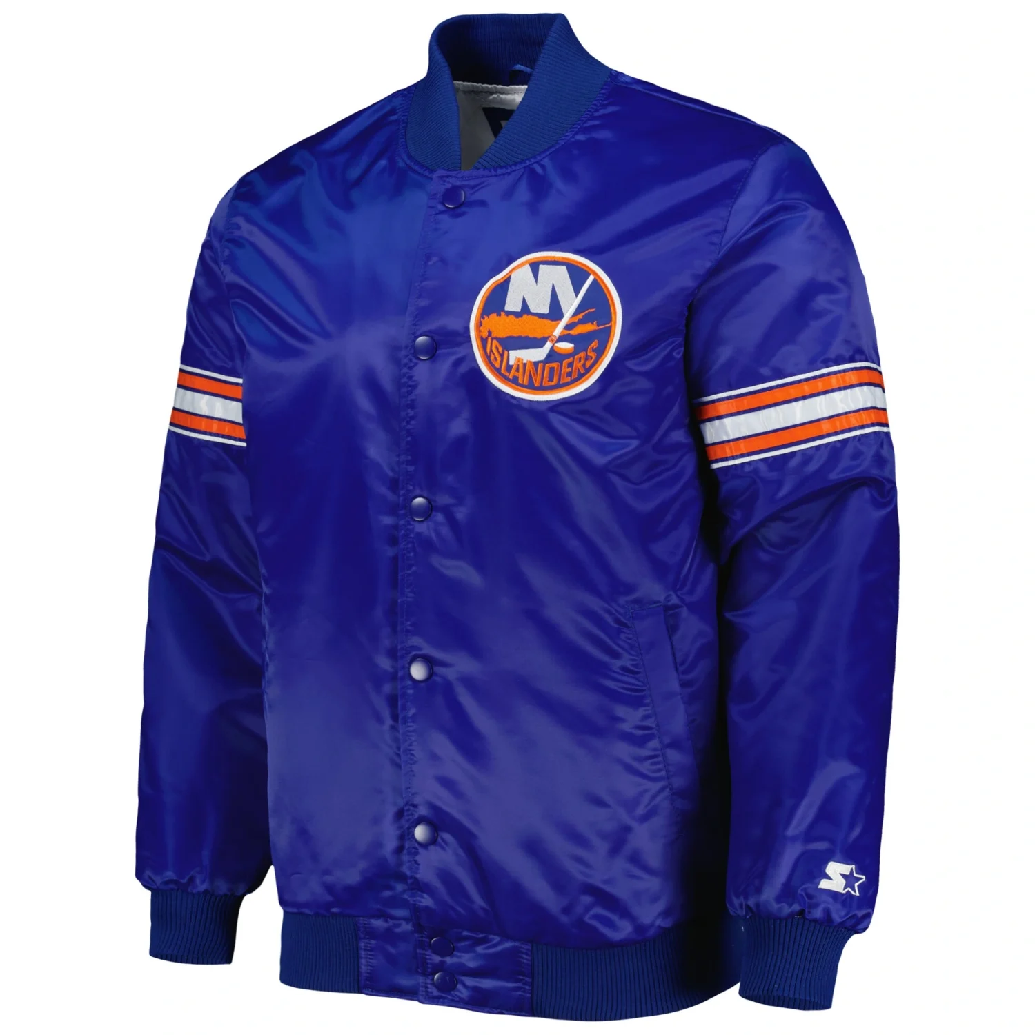 New York Islanders Starter Pick Roll Royal Blue Satin Varsity Team Jacket 1