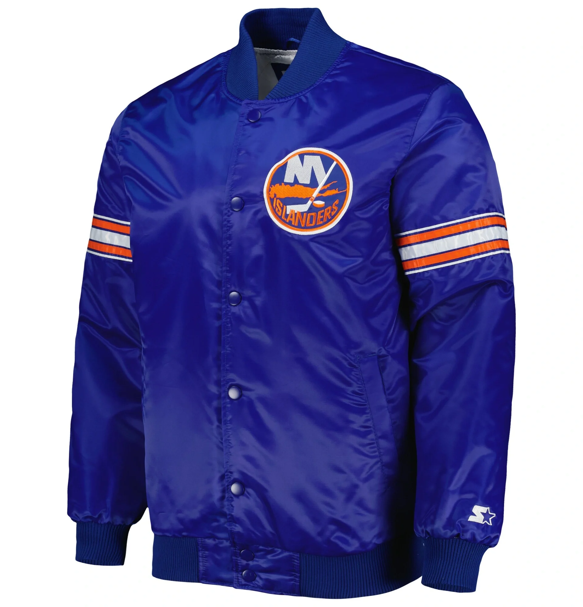 New York Islanders Starter Pick Roll Royal Blue Satin Varsity Team Jacket 1