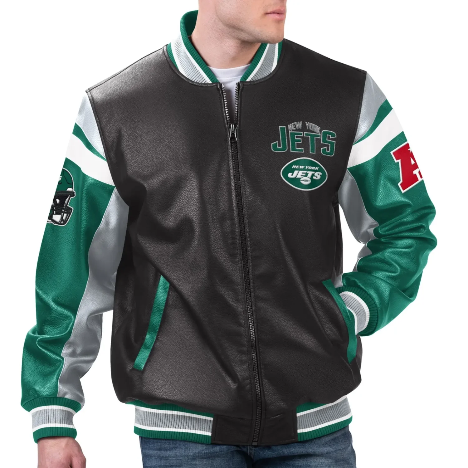 New York Jets G III Sports by Carl Banks Full Zip Varsity Leather Jacket TeamJacketShop