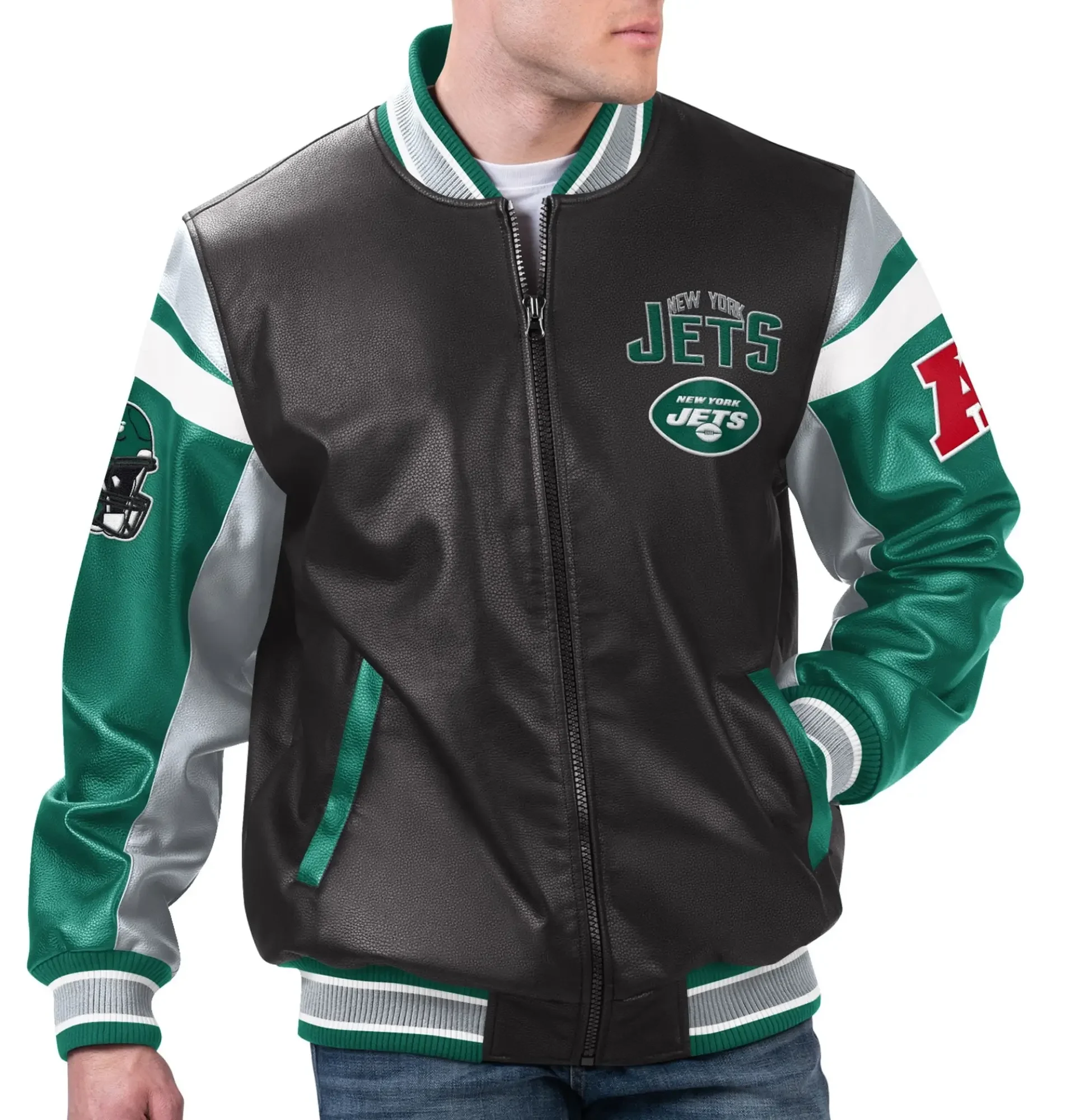 New York Jets G III Sports by Carl Banks Full Zip Varsity Leather Jacket TeamJacketShop