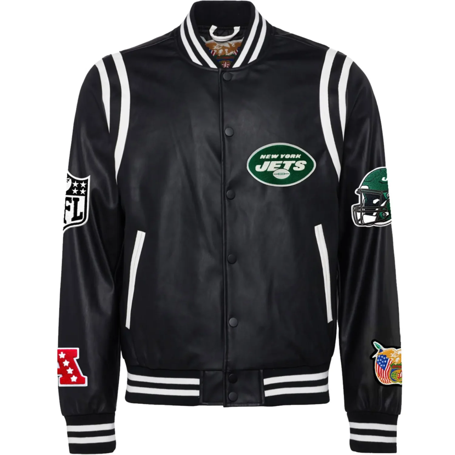 New York Jets Jeff Hamilton Black Vegan Leather Full Snap Varsity Jacket TeamJacketShop