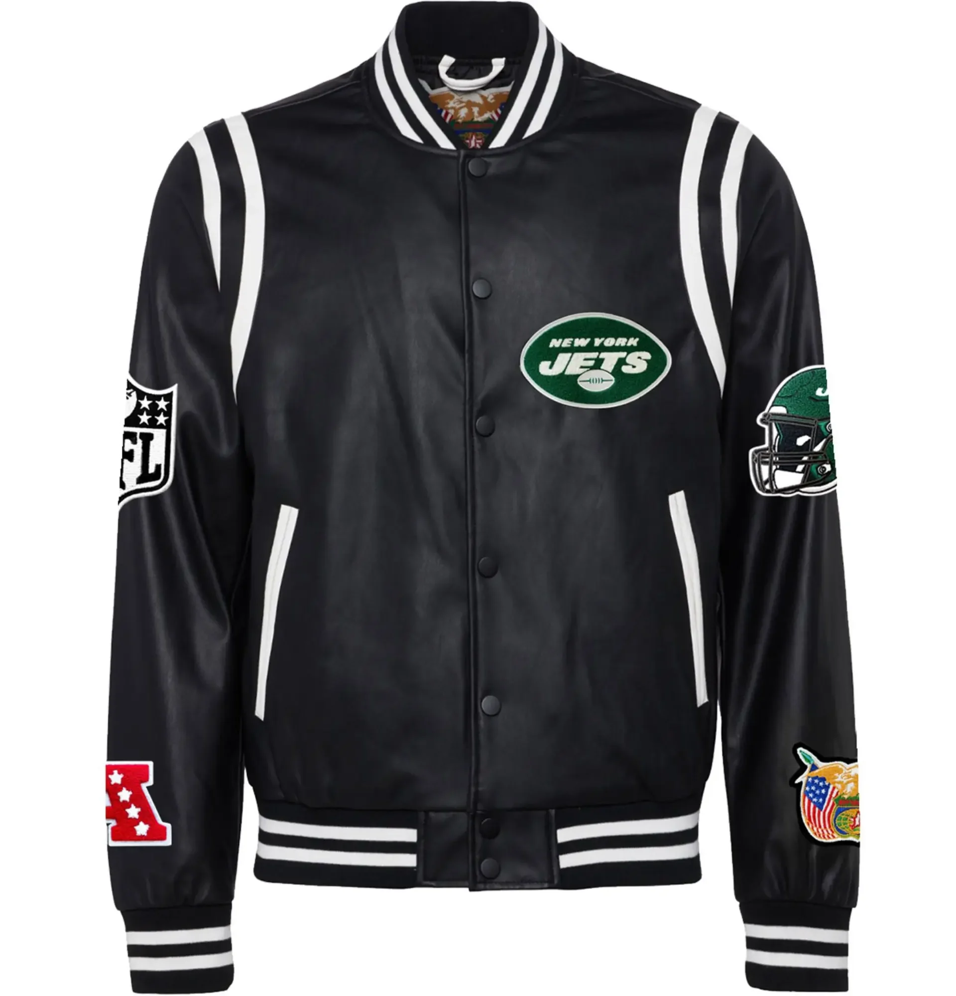 New York Jets Jeff Hamilton Black Vegan Leather Full Snap Varsity Jacket TeamJacketShop