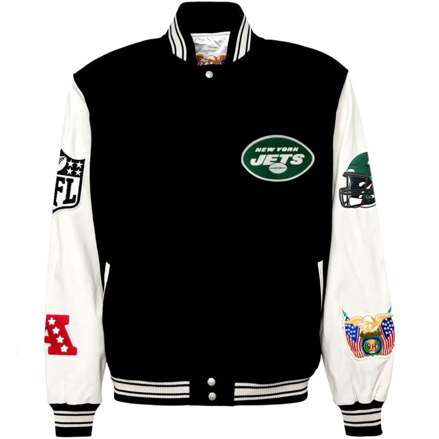 New York Jets Jeff Hamilton Classic Rib Wool Leather Varsity Jacket TeamJacketShop