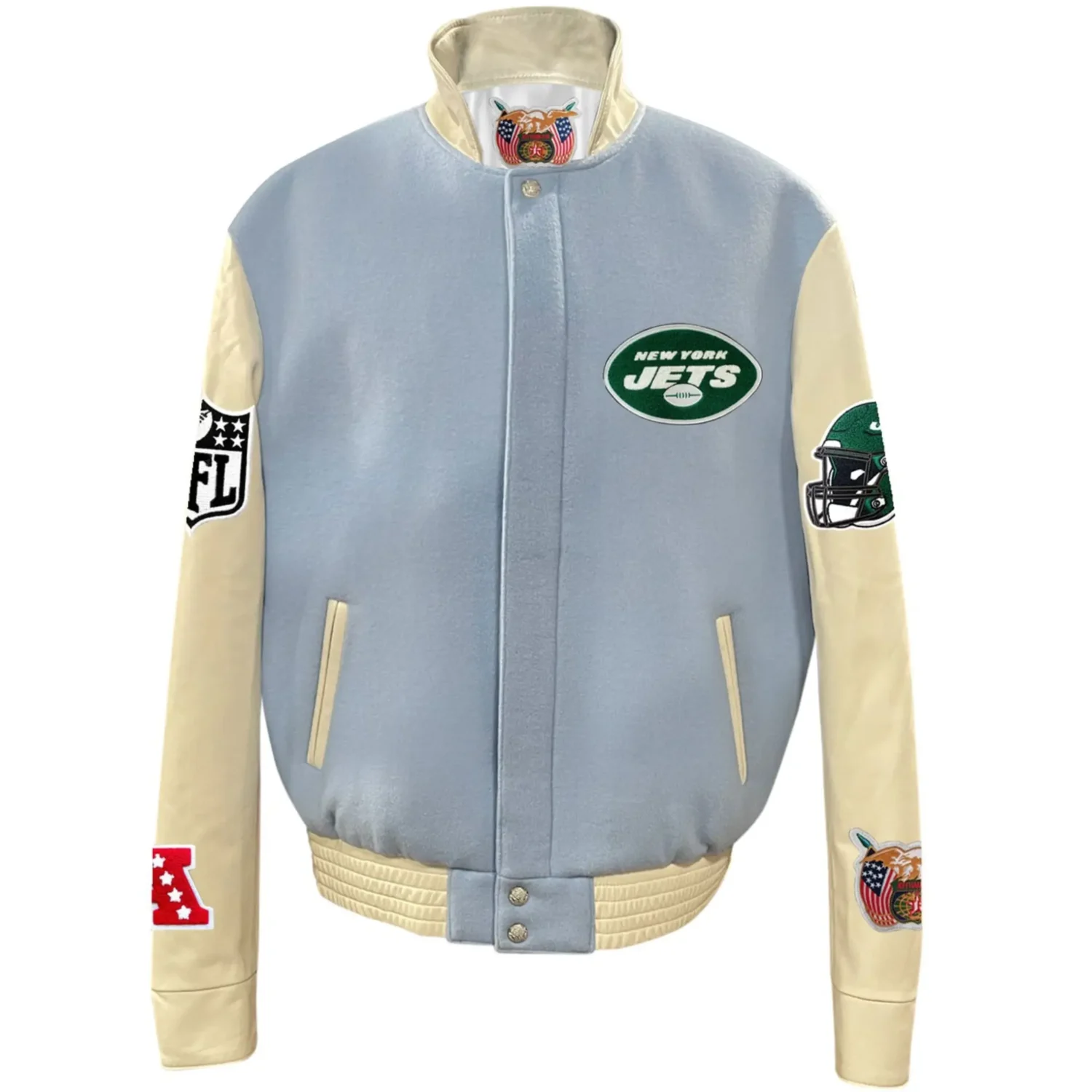 New York Jets Jeff Hamilton Stand Up Collar Wool Leather Varsity Jacket TeamJacketShop 3