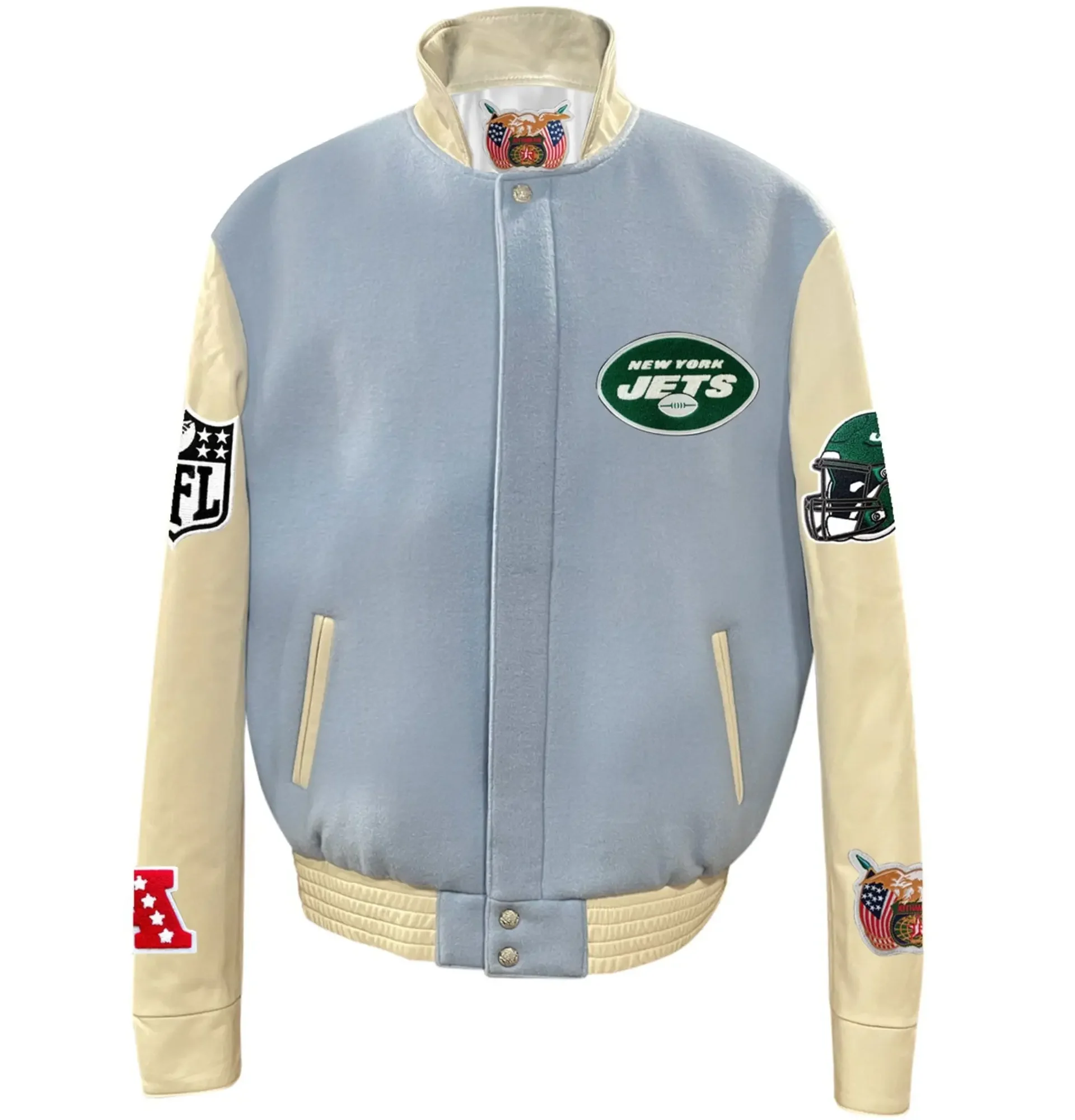 New York Jets Jeff Hamilton Stand Up Collar Wool Leather Varsity Jacket TeamJacketShop 3