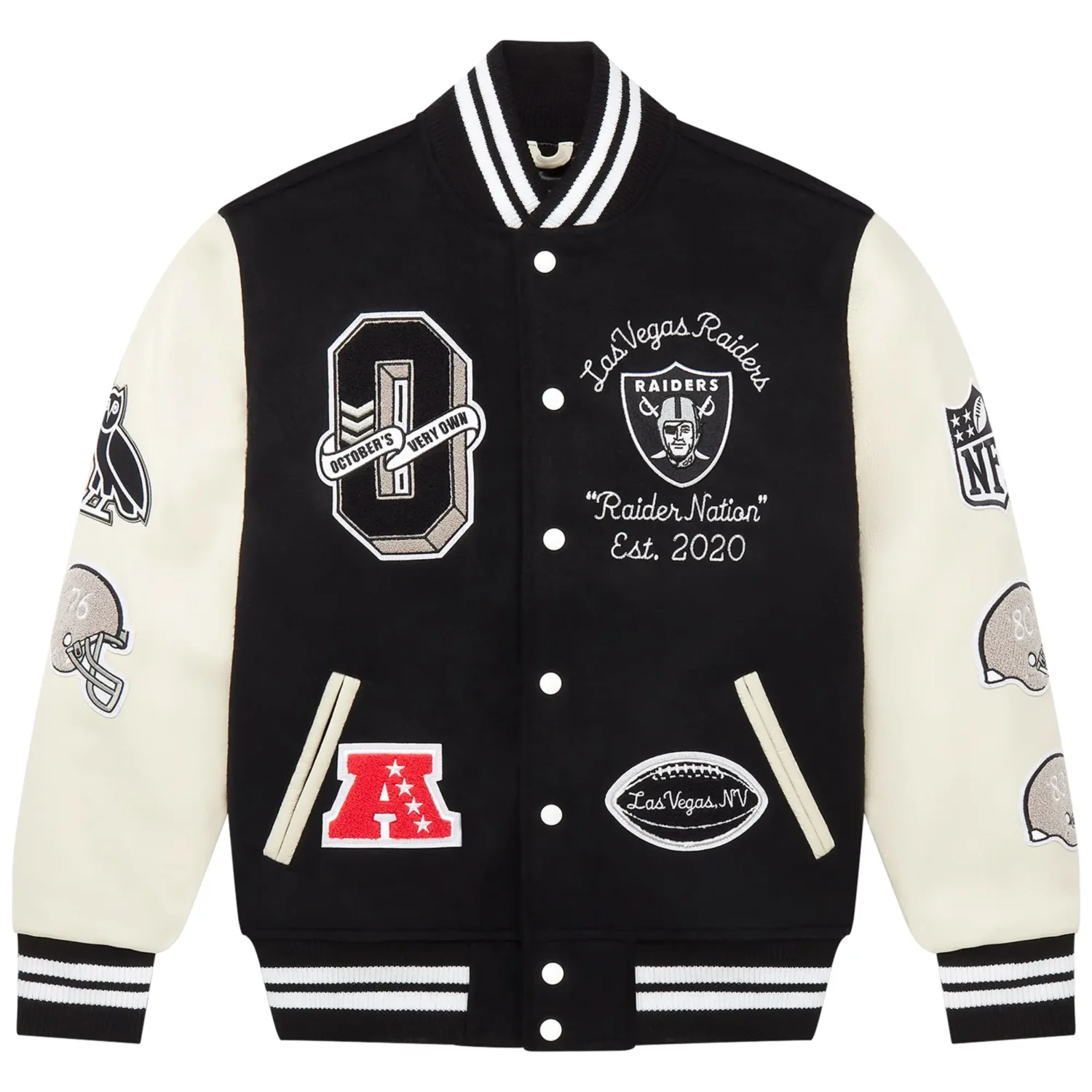 OVO x NFL Las Vegas Raiders Black Full Snap Varsity Jacket team jacket 1