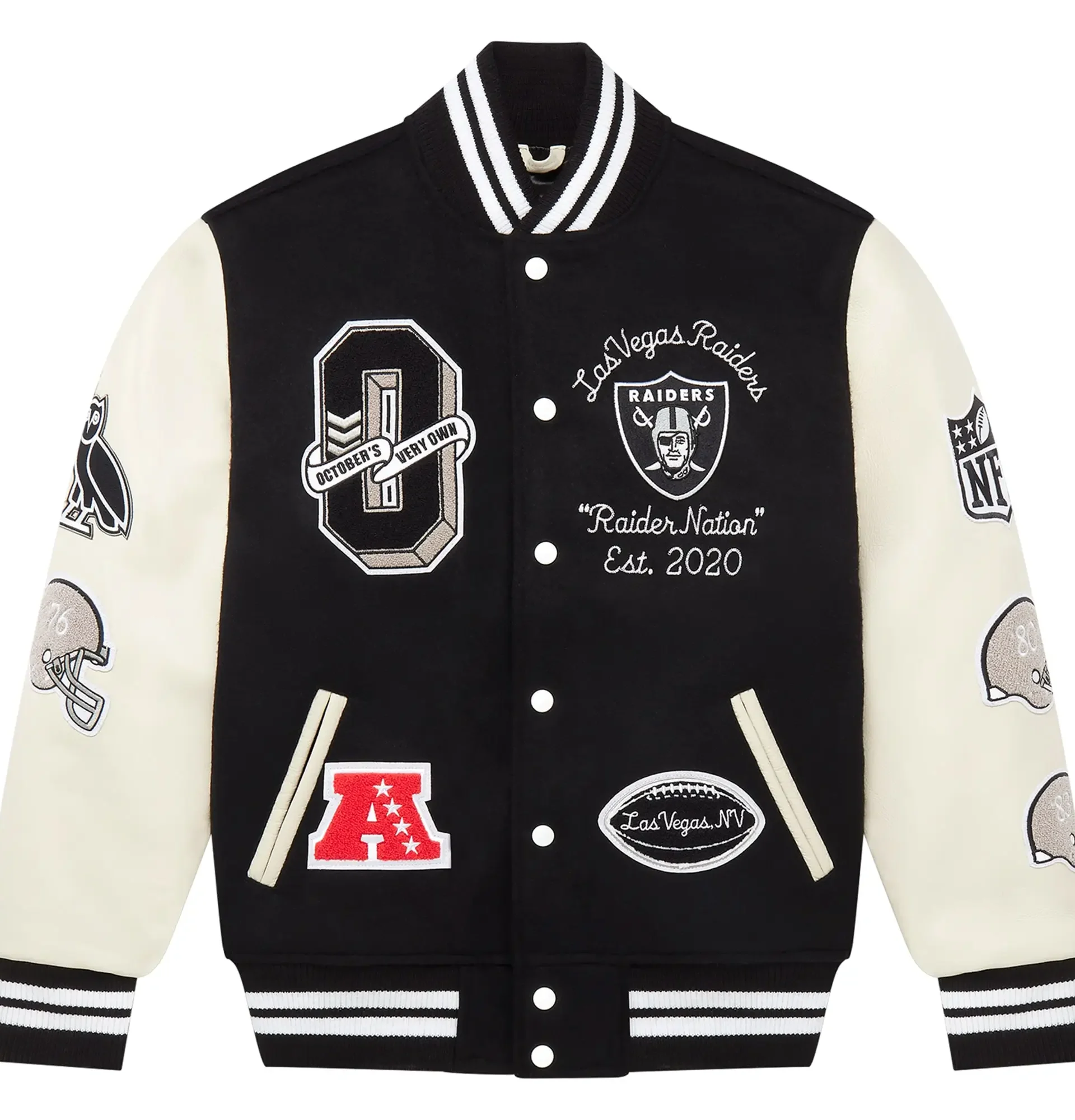 OVO x NFL Las Vegas Raiders Black Full Snap Varsity Jacket team jacket 1