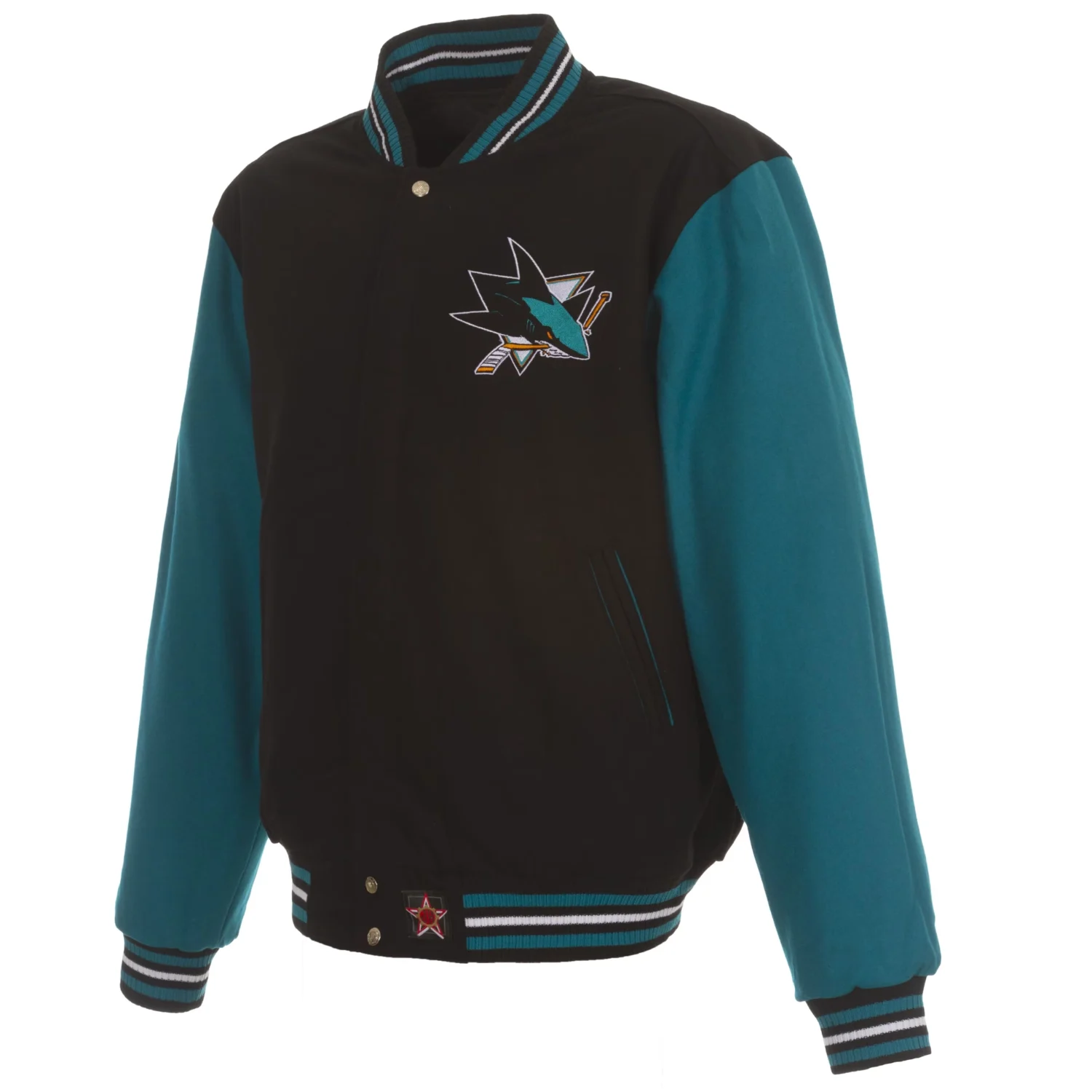 San Jose Sharks Embroidered Applique Logos Reversible BlackTeal Wool Varsity Jacket TeamJacketShop