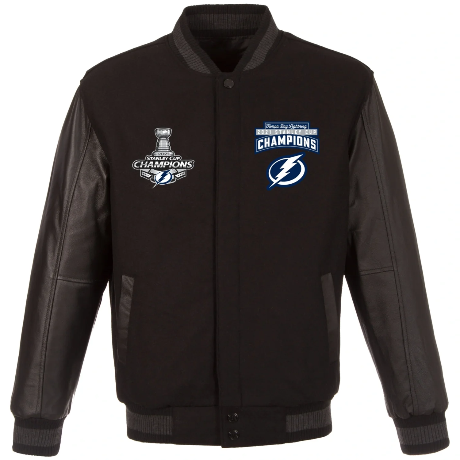 Tampa Bay Lightning 3 Time Stanley Cup Champions Reversible Black Wool Leather Varsity Jacket TeamJacketShop