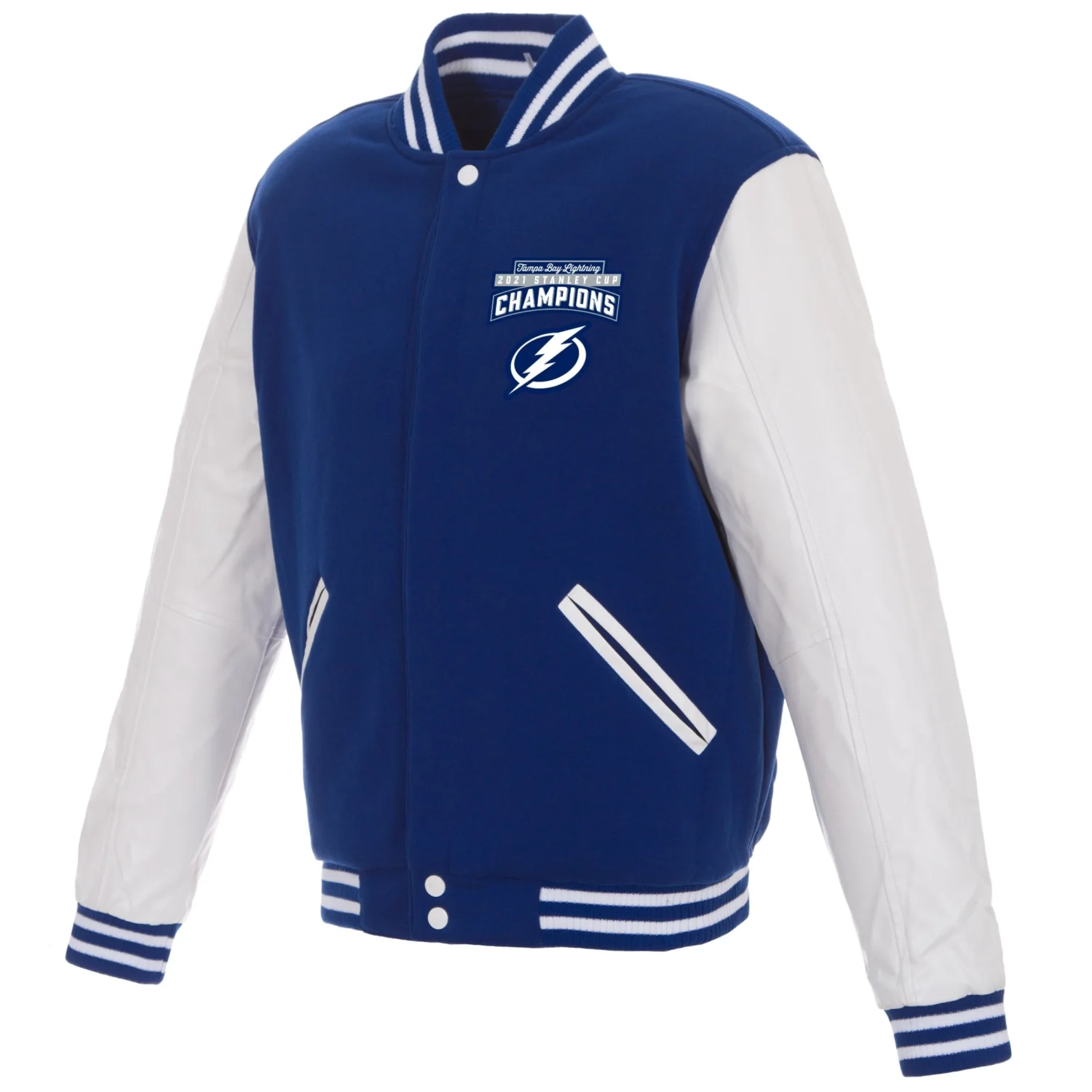 Tampa Bay Lightning 3 Time Stanley Cup Champions Reversible Fleece Faux Leather Varsity Jacket TeamJacketShop