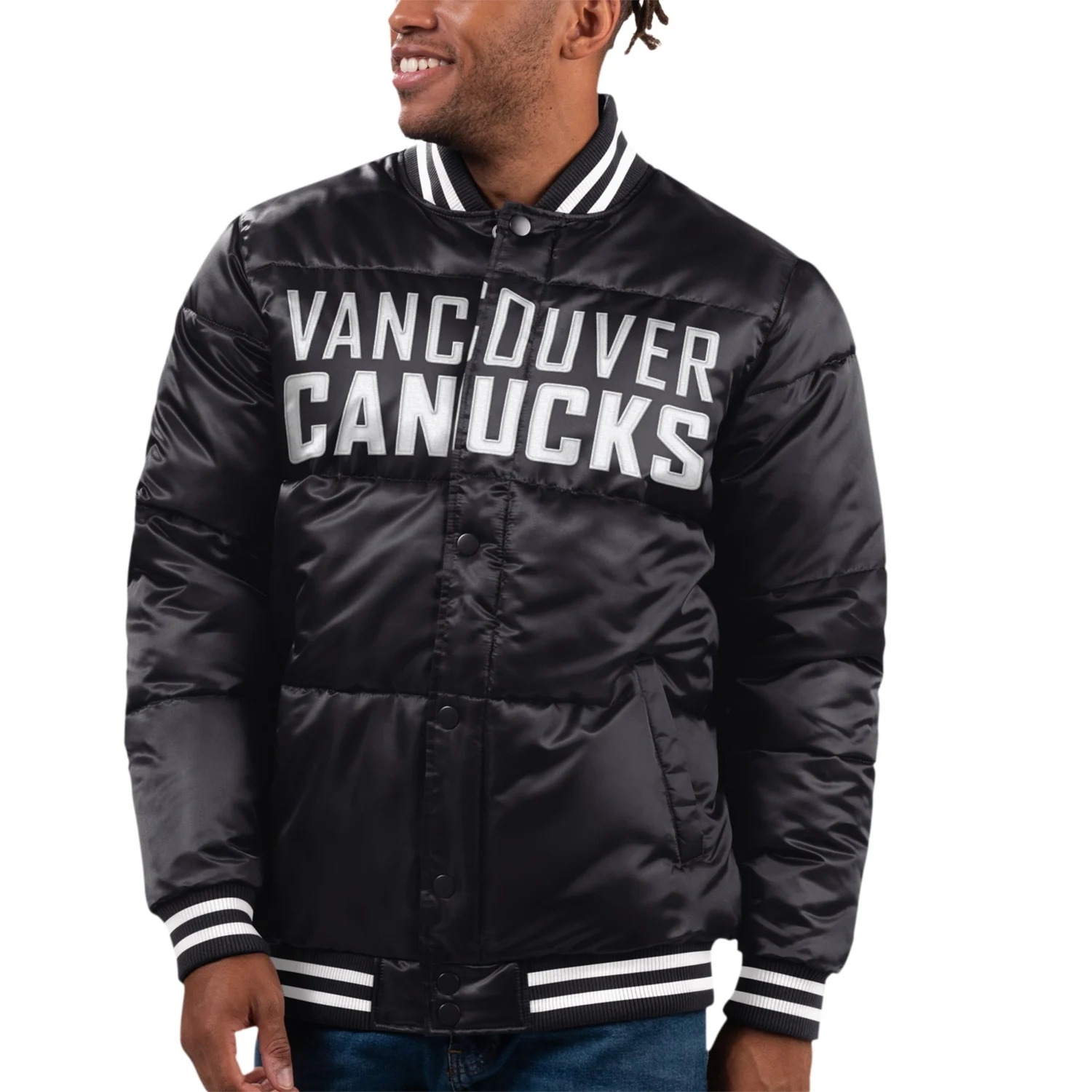 Vancouver-Canucks-Starter-Bronx-Full-Snap-Bubble-Black-Satin-Varsity-Jacket-TeamJacketShop