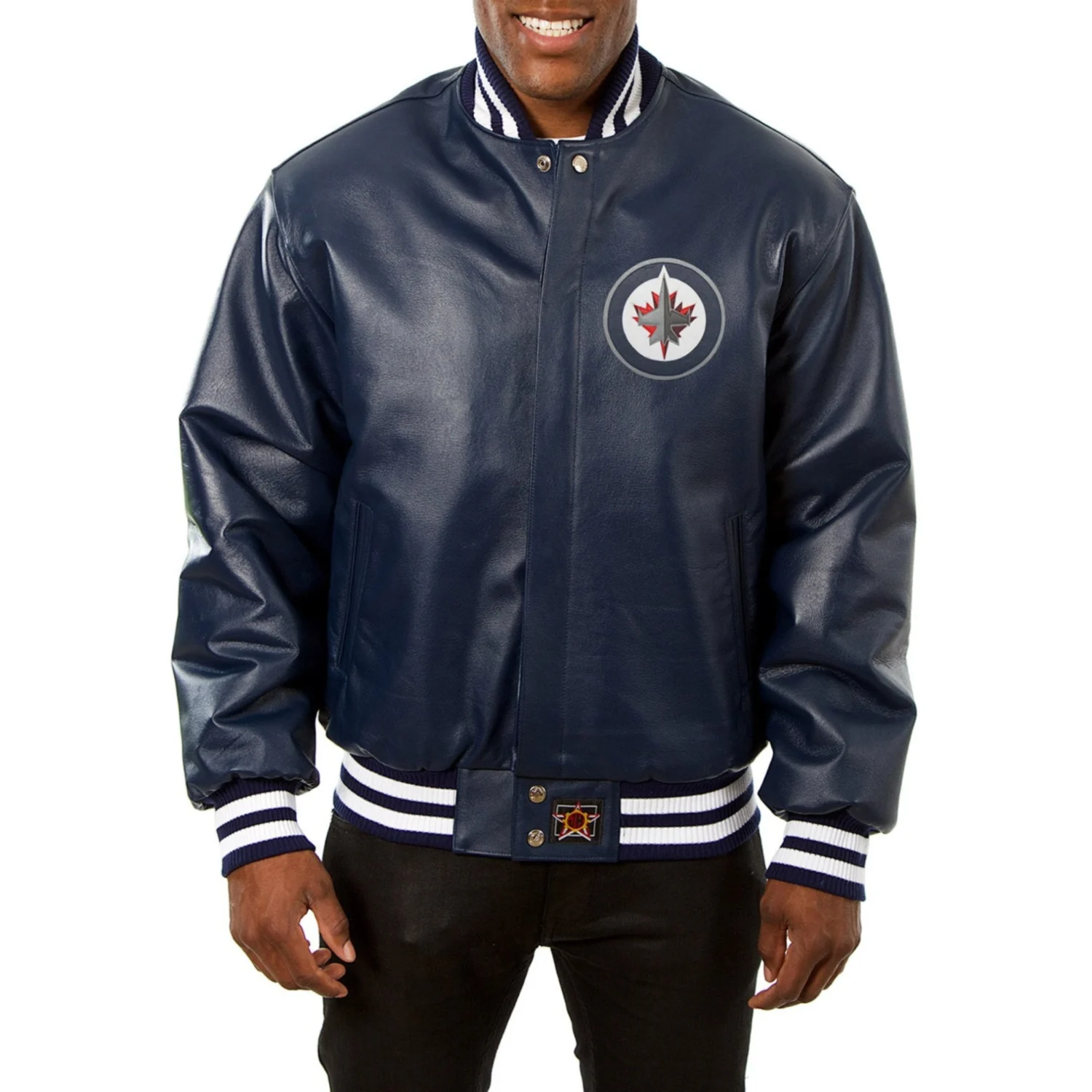 Winnipeg Jet Full Real Leather Varsity Jacket Navy 1