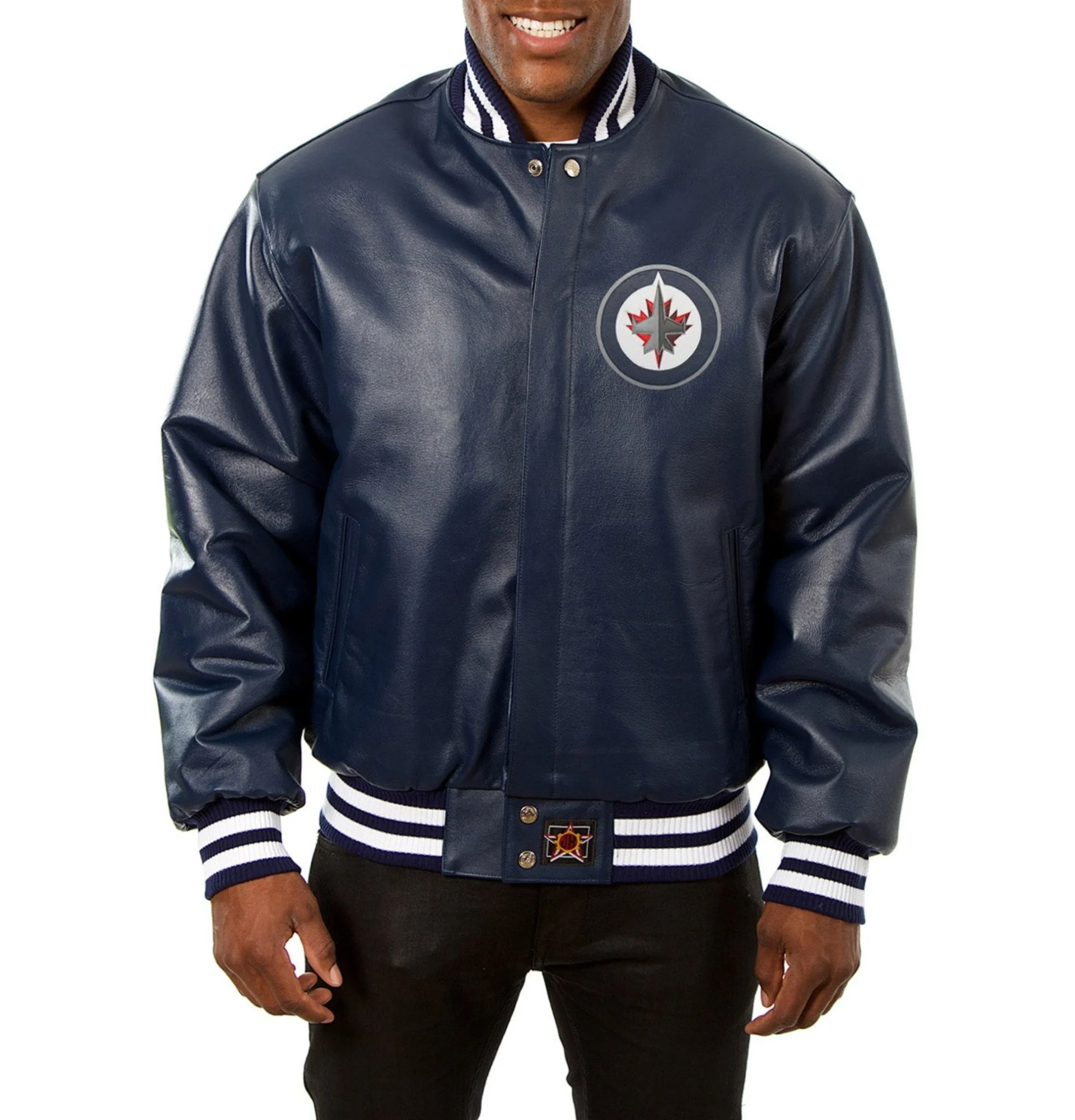 Winnipeg Jet Full Real Leather Varsity Jacket Navy 1