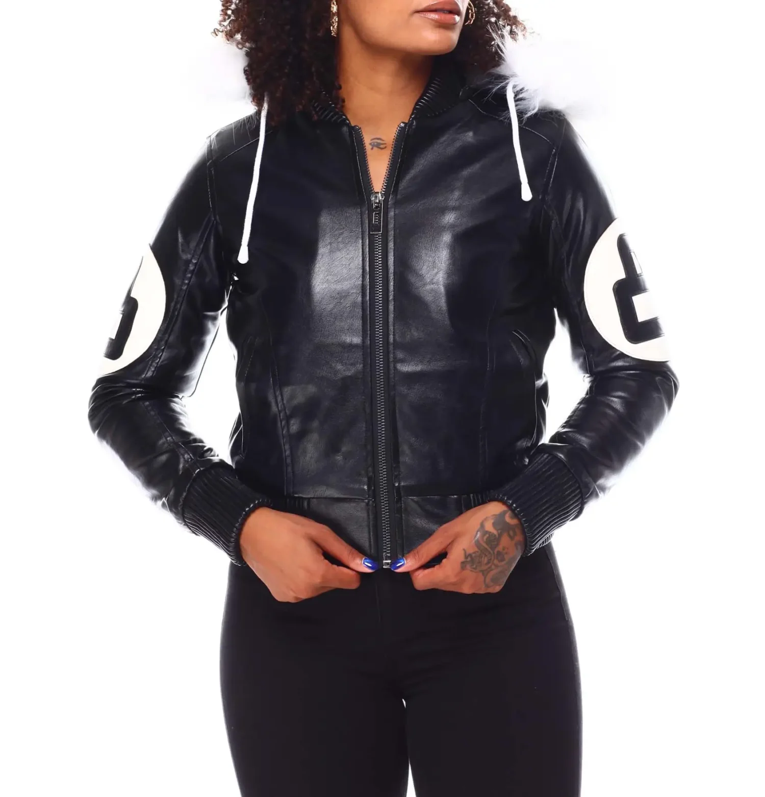 Womens-Black-8-Ball-Bomber-Leather-Team Jacket