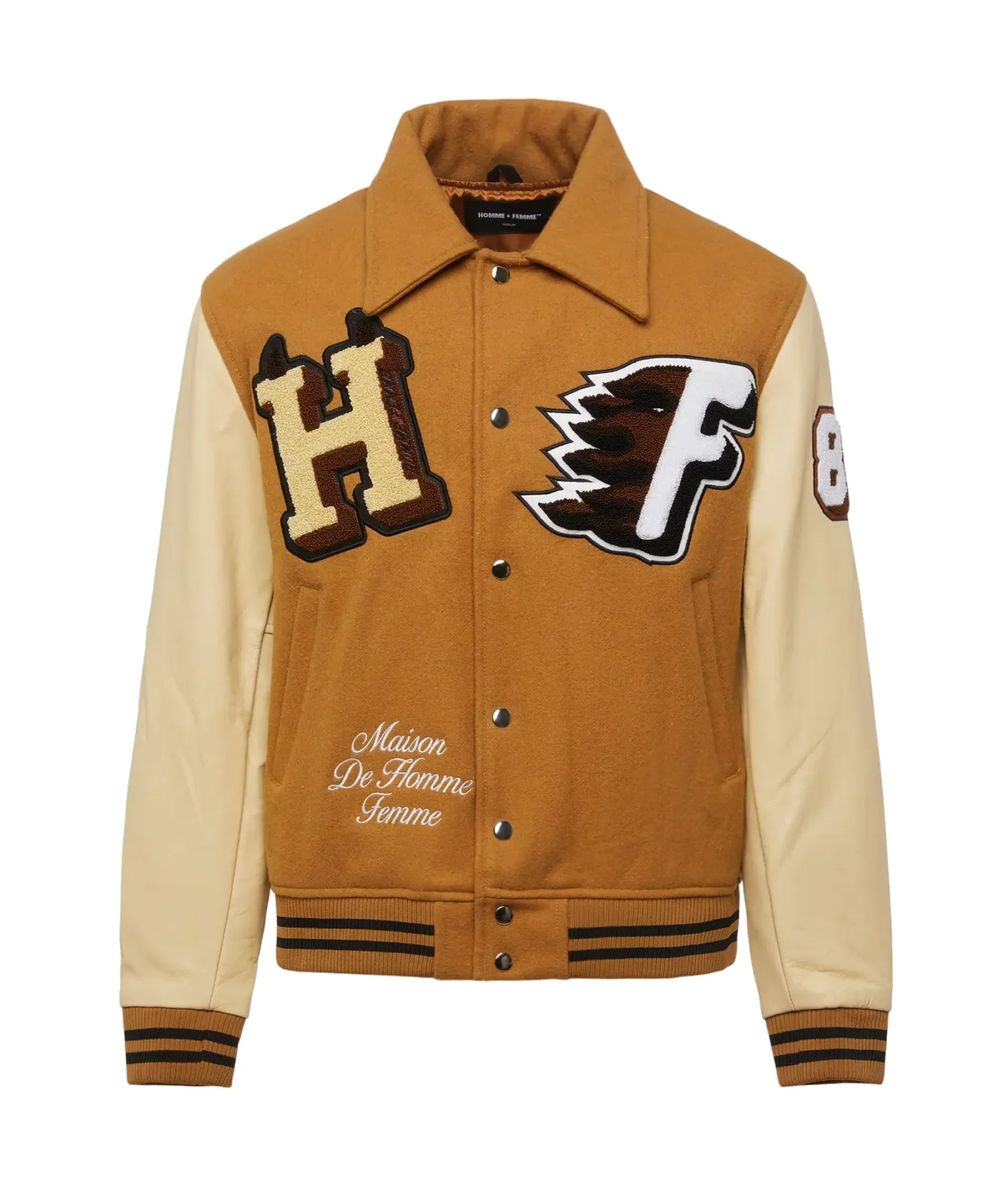 World Champs Homme Femme Letterman Brown Camel Varsity Team Jacket 1 1