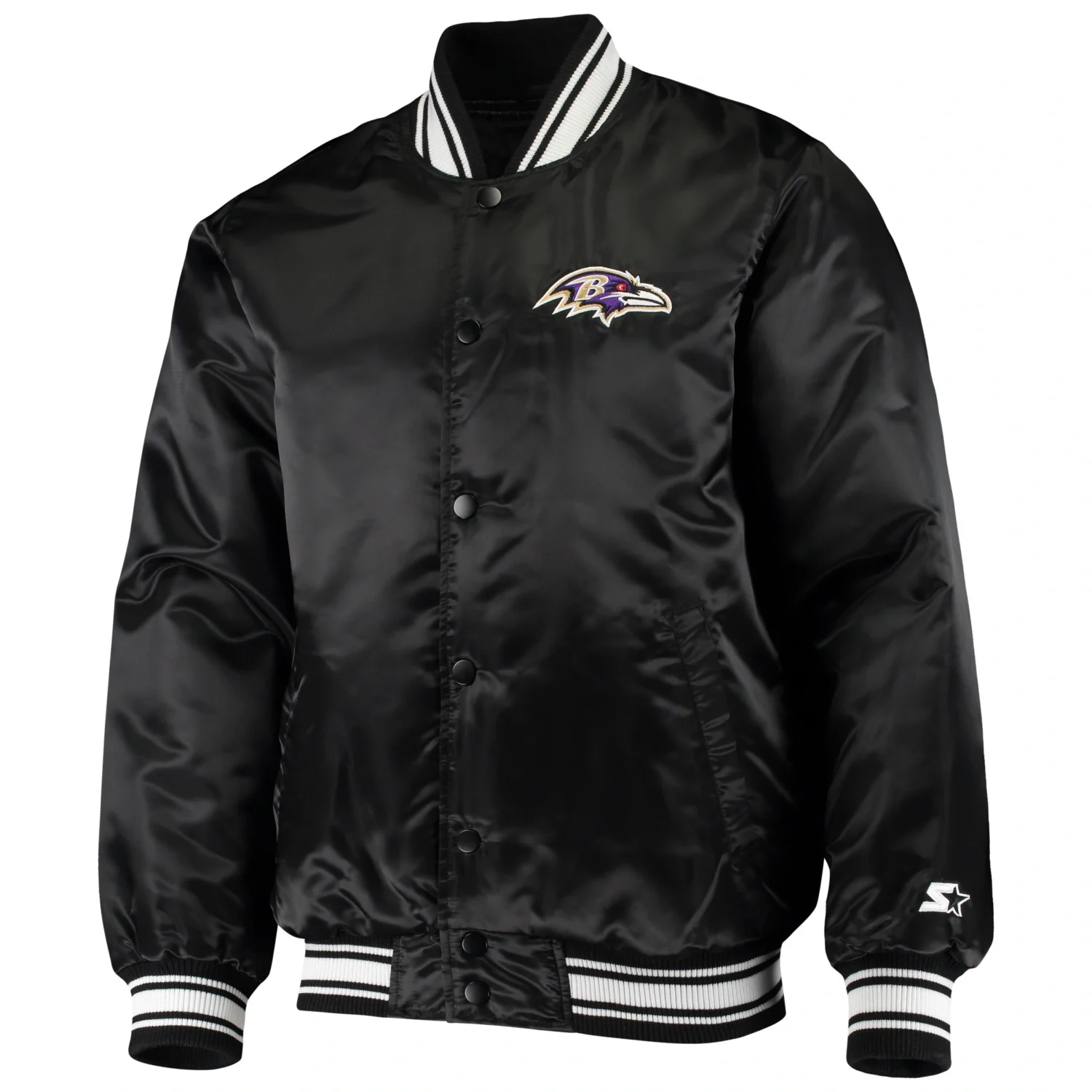 Baltimore Ravens Starter Locker Room Black Satin Varsity Jacket 1