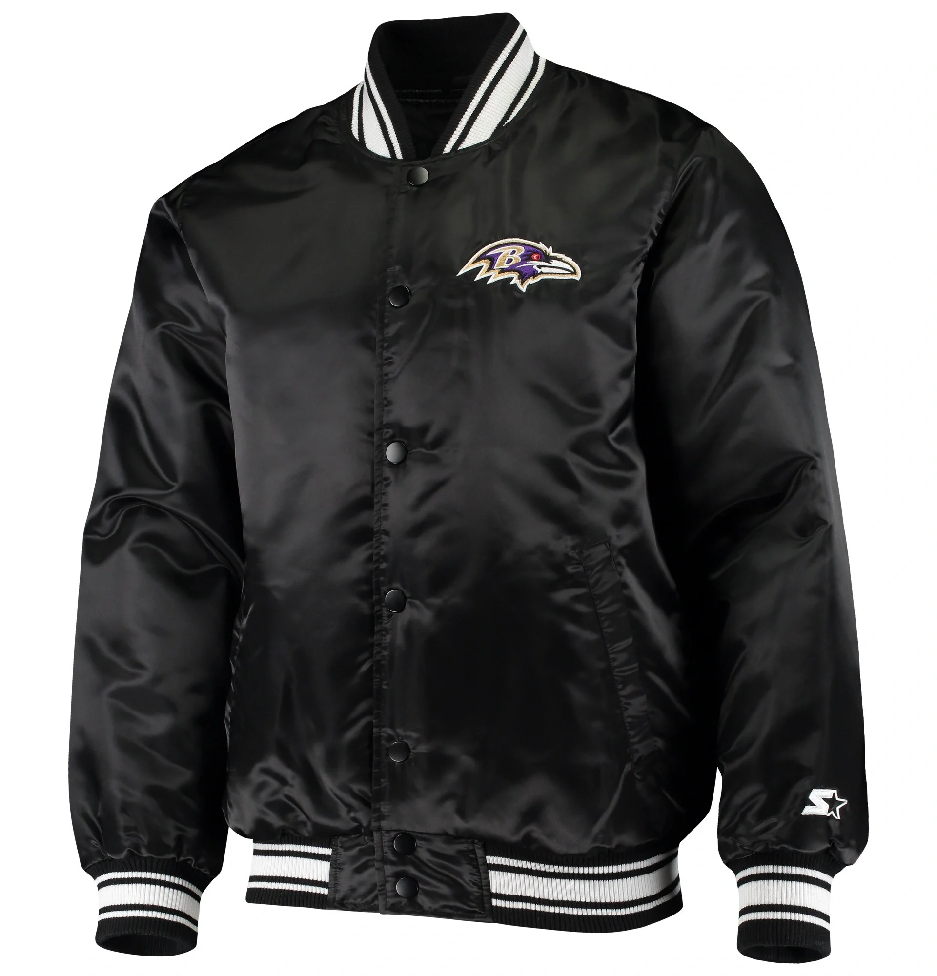 Baltimore Ravens Starter Locker Room Black Satin Varsity Jacket 1