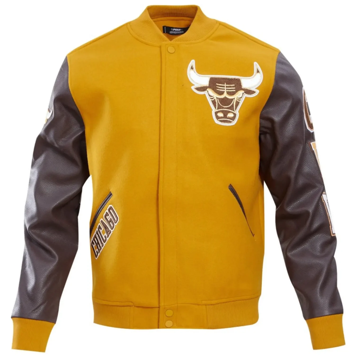 Chicago Bulls Wool Leather Varsity Jacket Yellow Brown TeamJacketShop