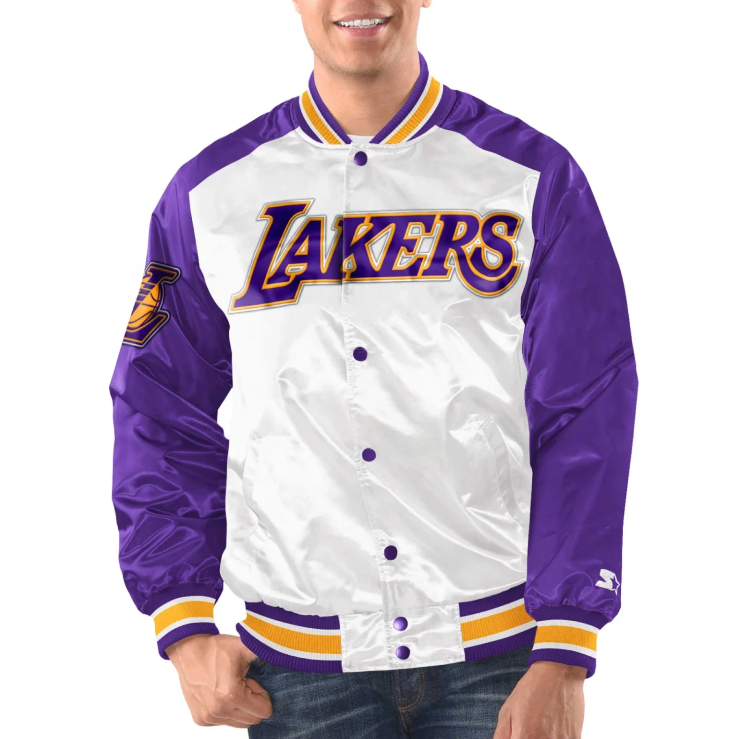 Los Angeles Lakers Renegade Satin Varsity Jacket White Purple TeamJacketShop