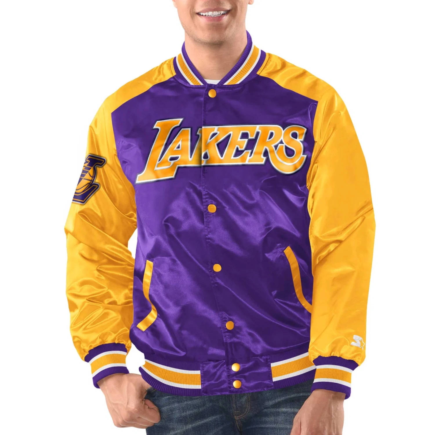 Los Angeles Lakers Starter Renegade Satin Varsity Jacket Purple Yellow TeamJacketShop