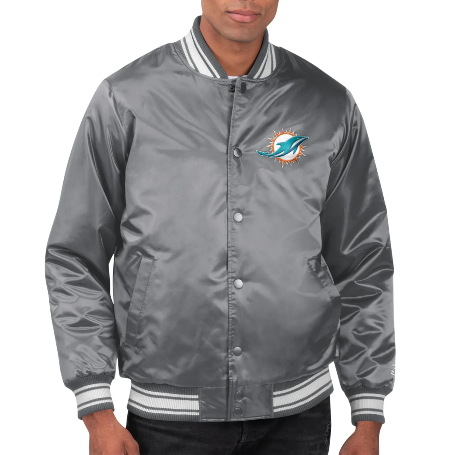 Miami Dolphins Locker Room Satin Varsity Jacket Gray 1