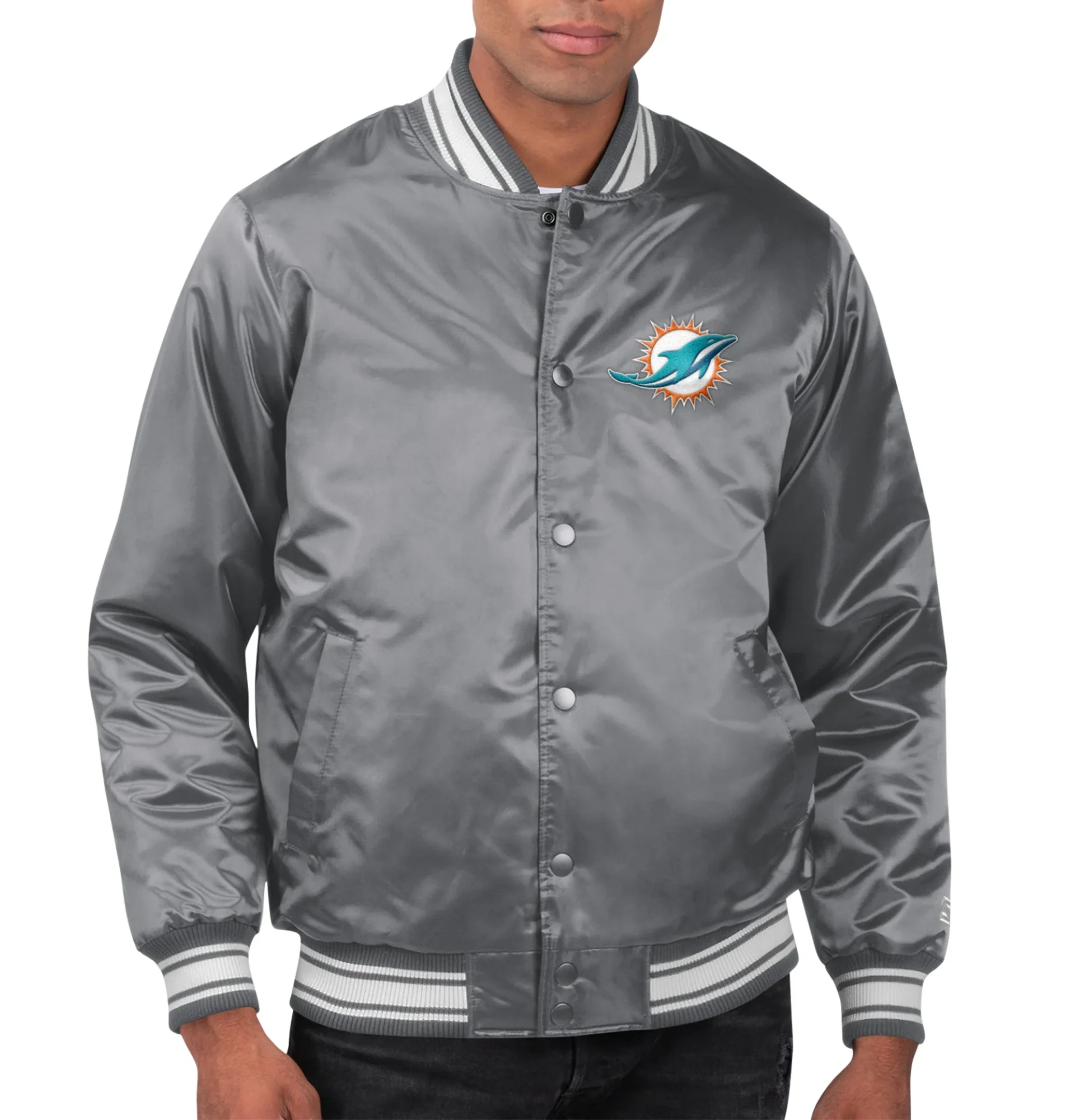 Miami Dolphins Locker Room Satin Varsity Jacket Gray 1