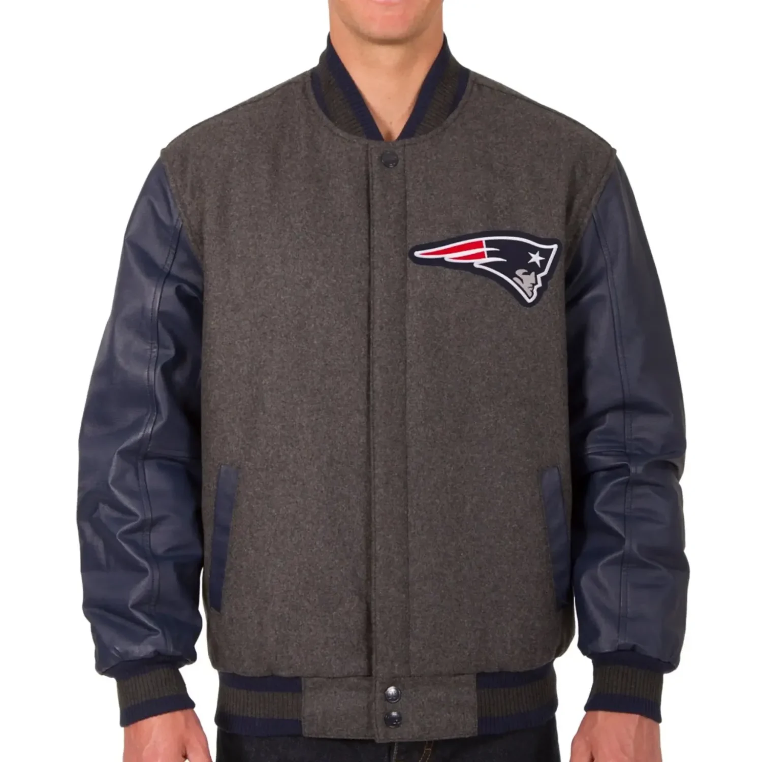 New England Patriots Wool Leather Varsity Jacket charcoal Navy 2 1