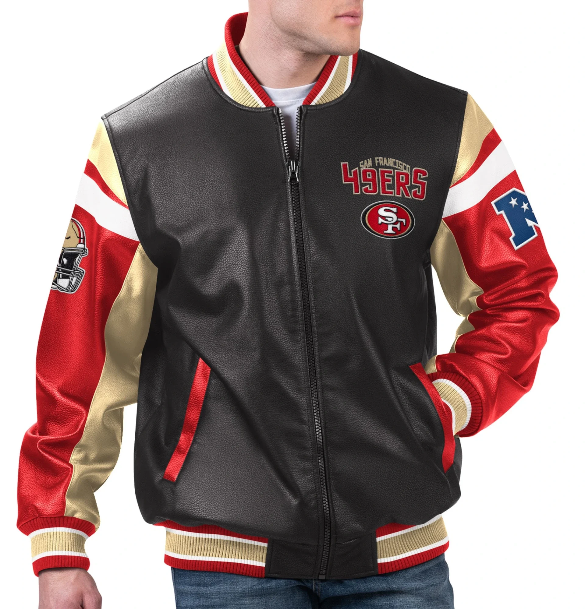 San Francisco 49ers Full Zip Leather Varsity Jacket Black Red 1