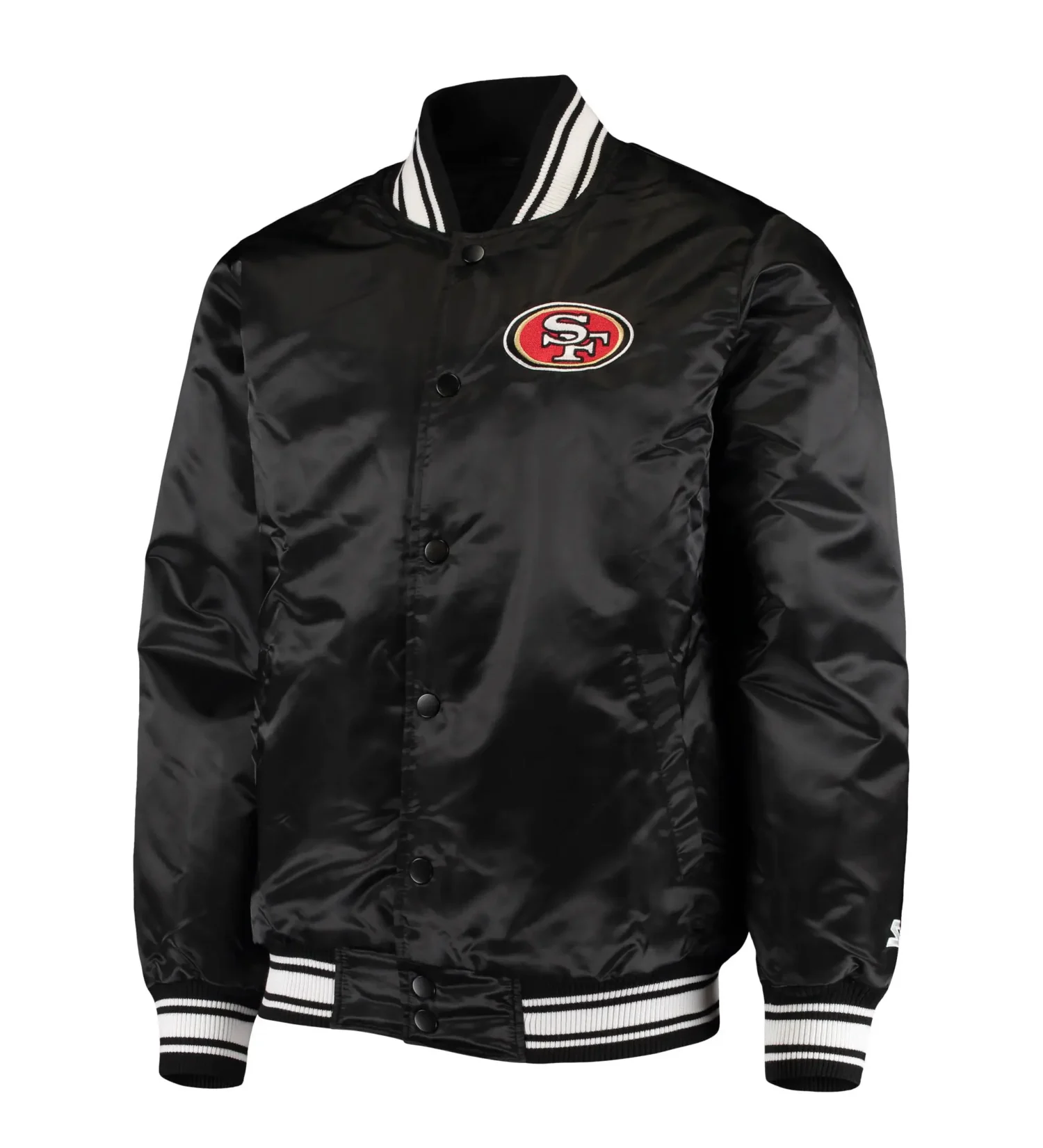 San Francisco 49ers Starter Locker Room Full Snap Black Satin Varsity Jacket 1