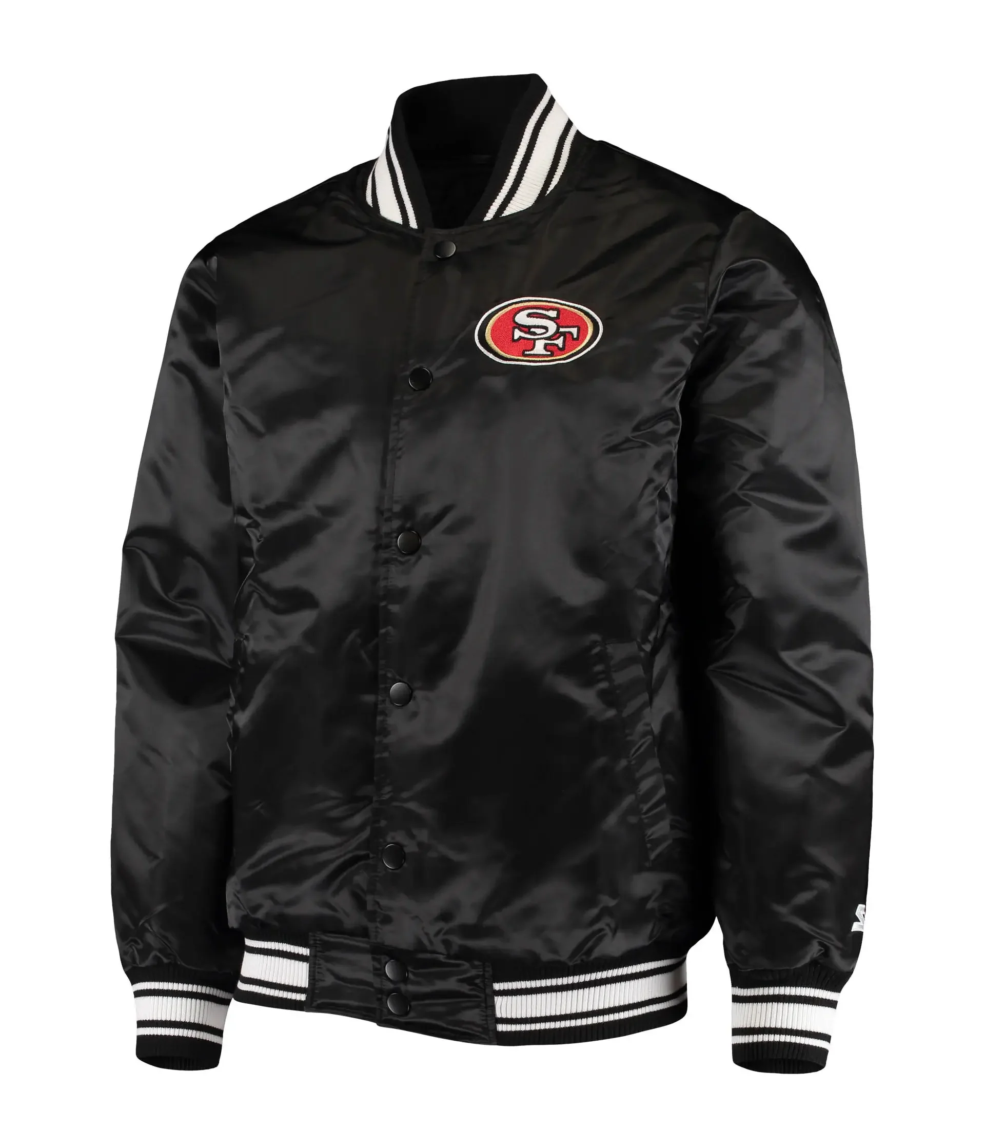 San Francisco 49ers Starter Locker Room Full Snap Black Satin Varsity Jacket 1